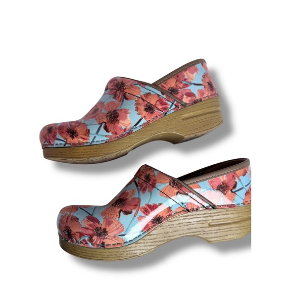 Dansko Floral Leather Clogs Women's Size 8 39 Blue Orange Flowers Shoes - Picture 4 of 14